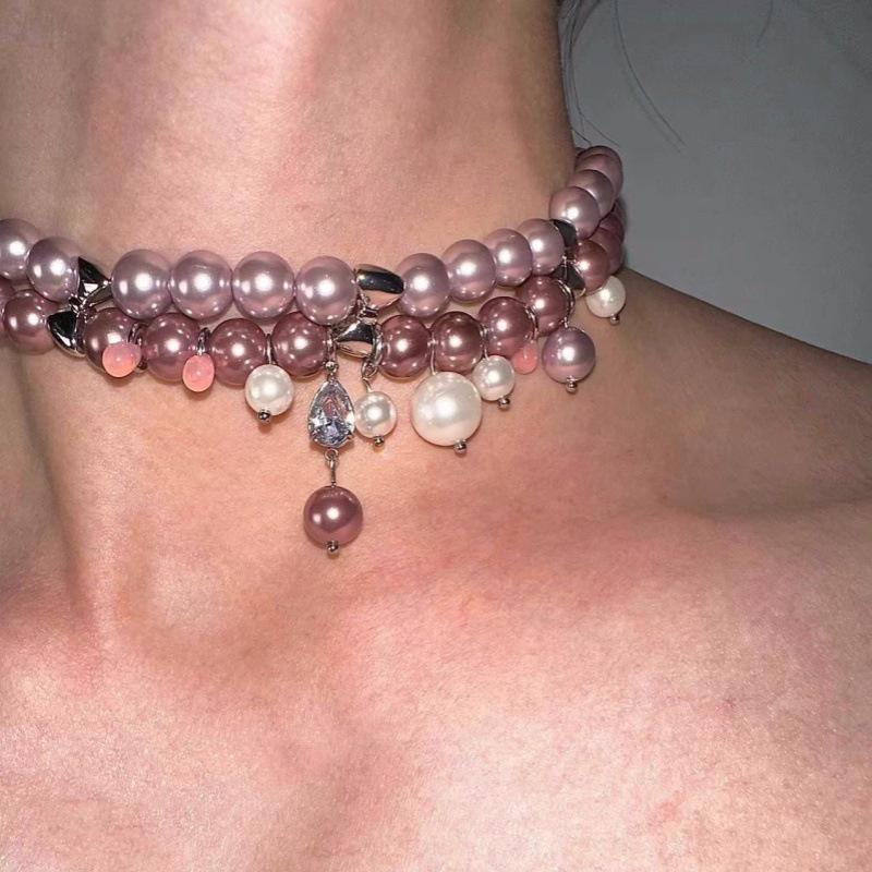 2024 Minimalistische Perlen Halskette aus Titanstahl: Rosa & Lila Mode Choker