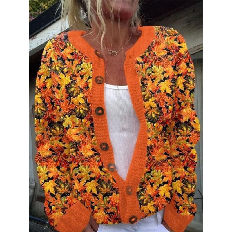 Womens Loose Knit Cardigan With Floral Print U-Neck Long Sleeve Sweater Christmas Casual Wear