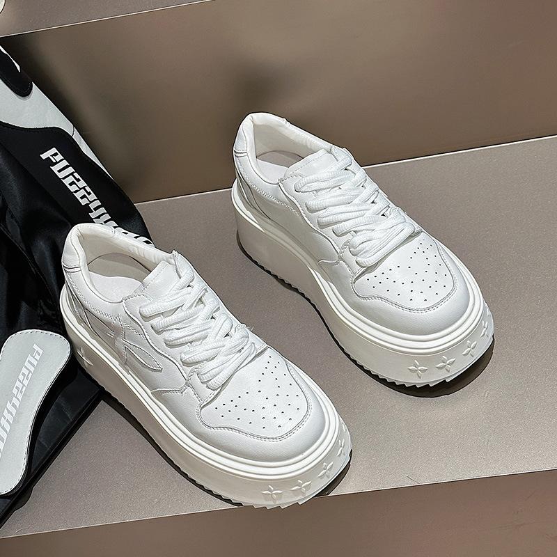 

thick-soled leather round-headed little white shoes for women s spring new muffin soles heightened high-heeled lace-up casual board shoes for women 40 белый