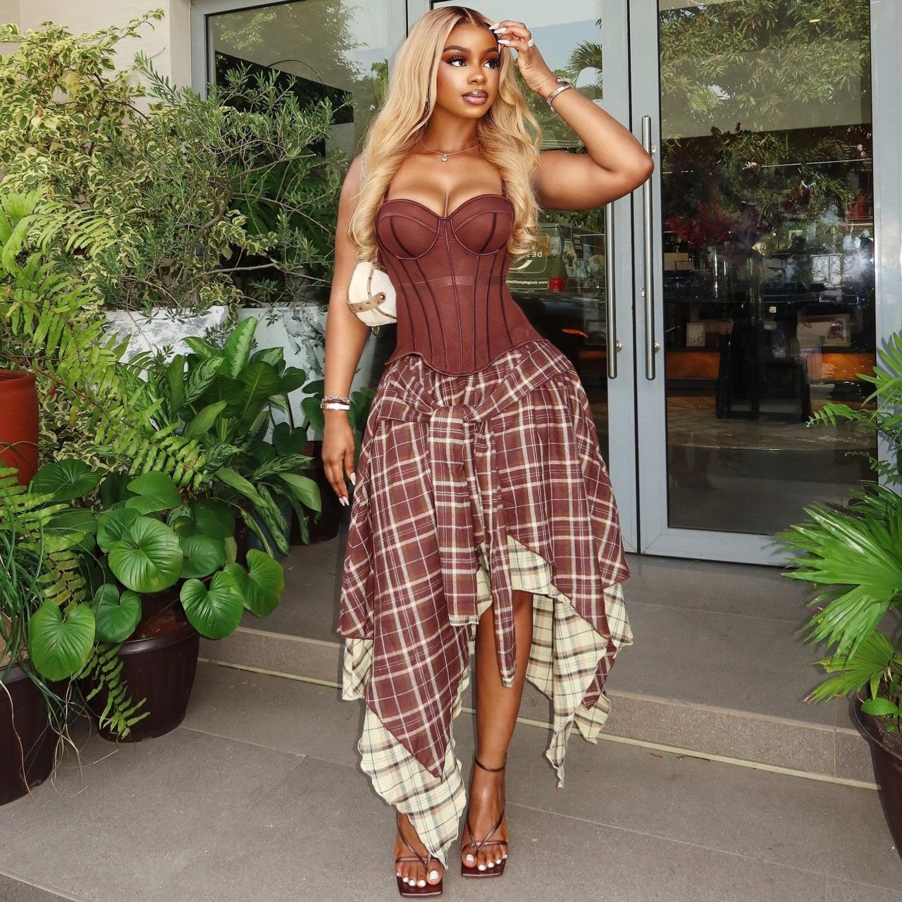 Women Corset Off Shoulder Plaid Print