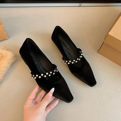 2024 New Women's Shoes Comfortable and Versatile Rhinestone Pearl Decorated Square Toe Solid Color Women's Flat Shoes Zapatos