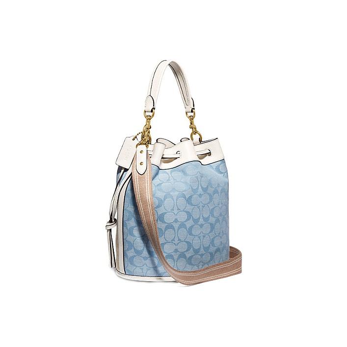 Coach 23 Frill Print Drawstring Canvas And Leather Tote Shoulder Crossbody Bag Medium Women Bags White Denim-Blue C4693-B4SUX