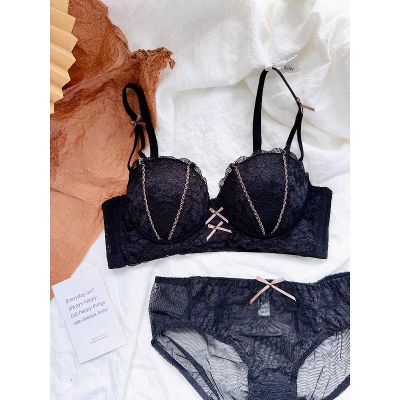 Ensemble Lingerie Dentelle Rose Française Sexy pour Femmes Soutien-gorge Push-Up Sans Armature Ajoute 2 Bonnets Soutien-gorge Push-Up Petit Buste Rassemblement Relevage Double Soutien
