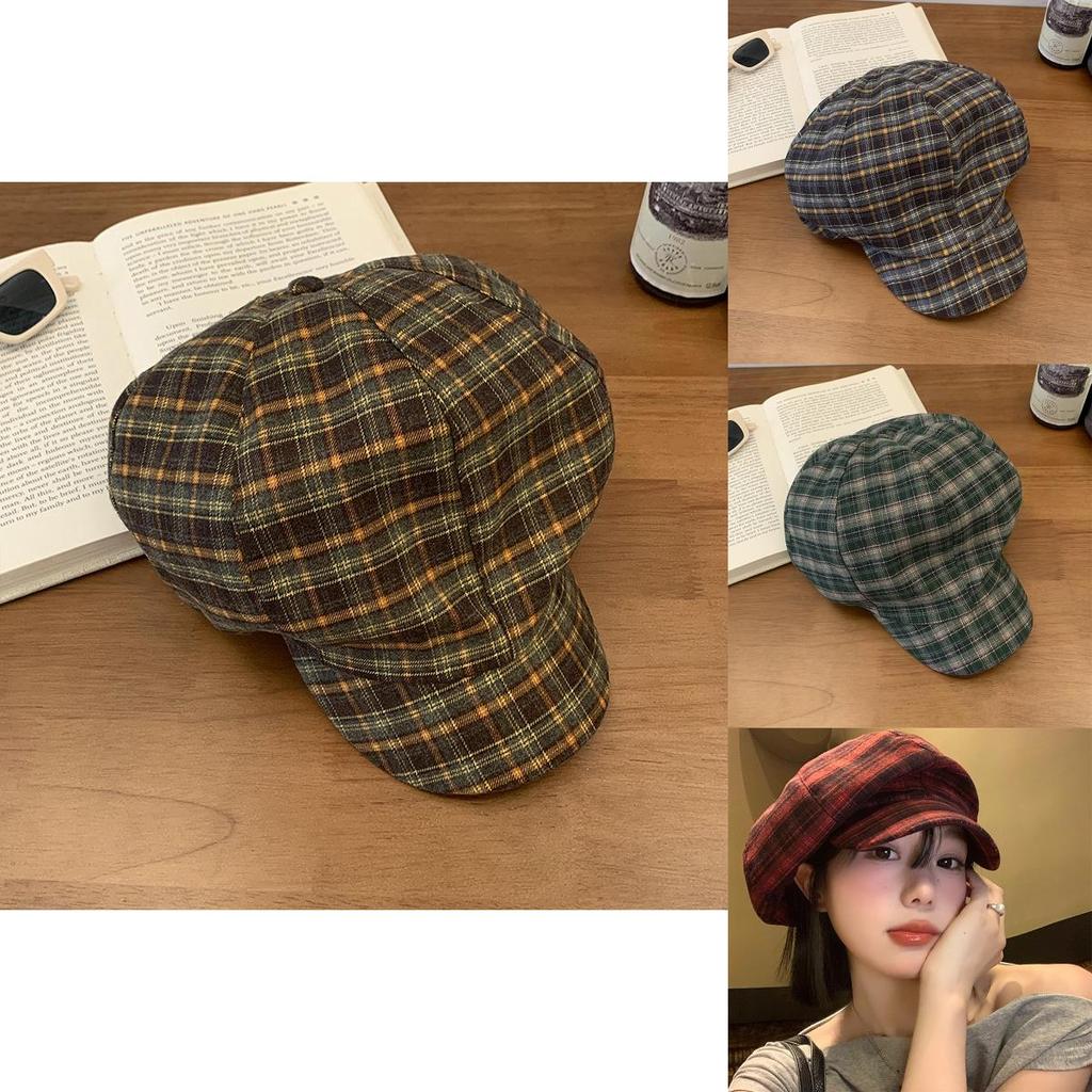 Vintage Red Plaid Cloud Beret Hat For Women Summer Casual Fashion Accessory