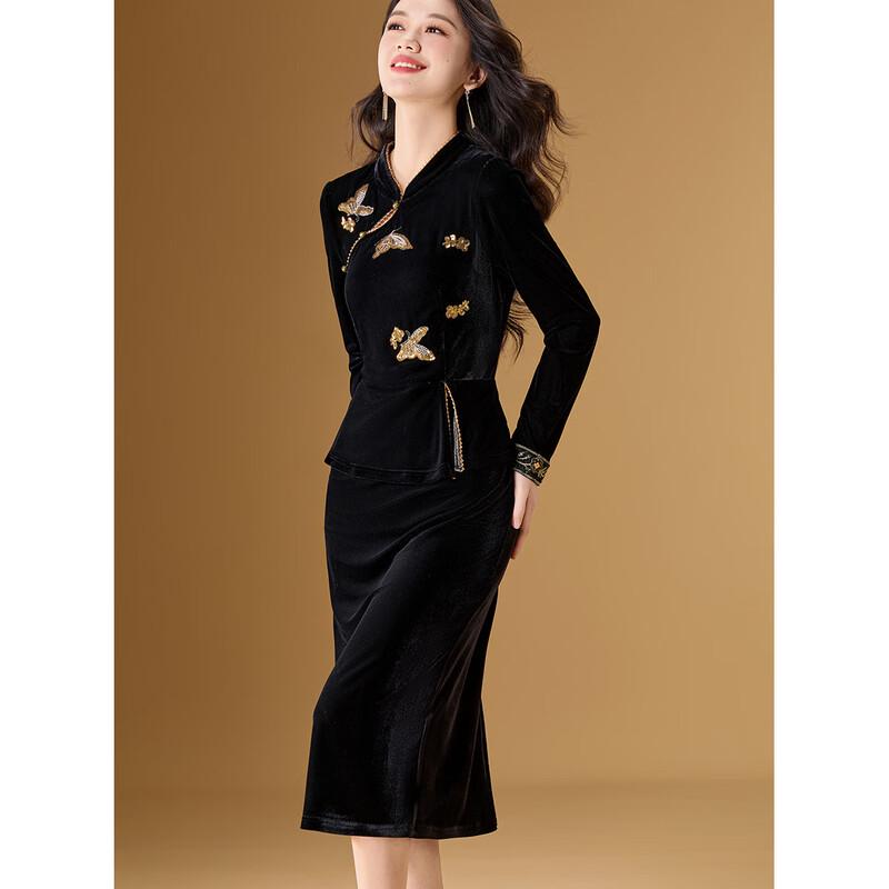 Melanie Gilded Butterfly Modern Chinese Style Embroidered Velvet Dress