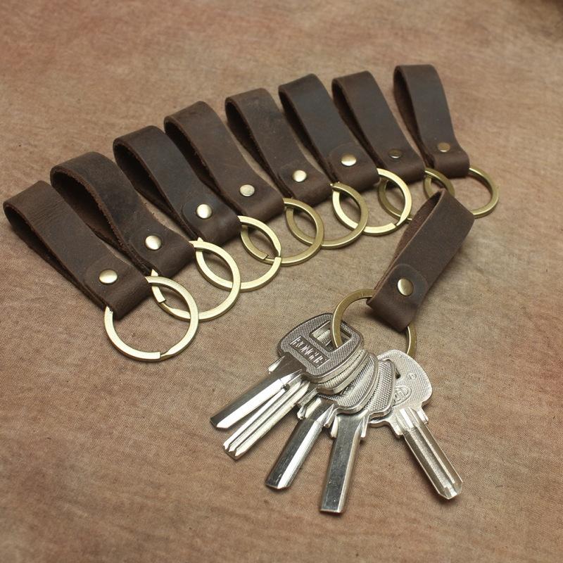 Vintage Leather Keychain Handmade Single Loop Key Ring with Golden Metal Ring Deep Brown Retro Style for Keys & Accessories, Handmade Lanyard Keychain