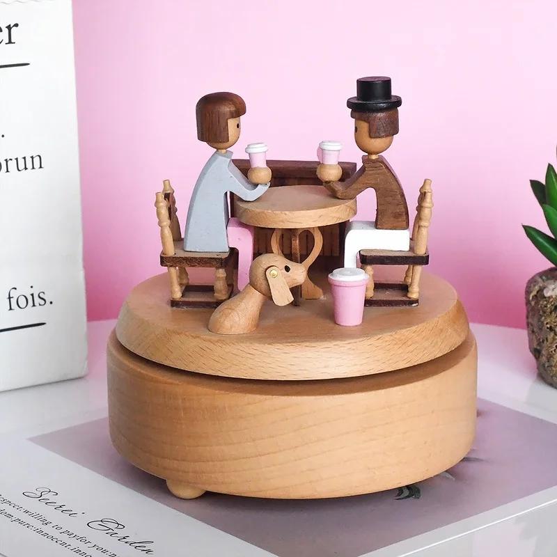 Powder Wooden Music Box Printing Rabbit Music Box Girl Heart Pink Birthday Gift Wooden Crafts Wood Decoration Kids Toys Home