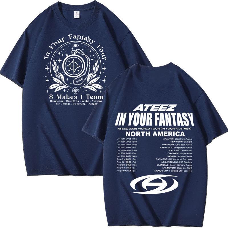 ATEEZ "In Your Fantasy" Vintage T‑Shirt, Front White Ornamental Badge with "8 Makes 1 Team" & Back Full Tour Date List, Oversized K‑Pop Fan Tee