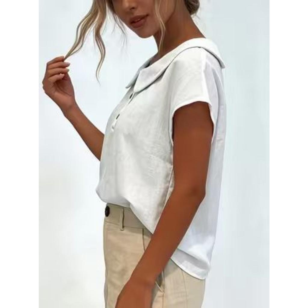 Summer Solid Color Short Sleeve Lapel Button Women's Shirt Blouse, European & American Style Crossbody Women's Top for JOOM Leisure