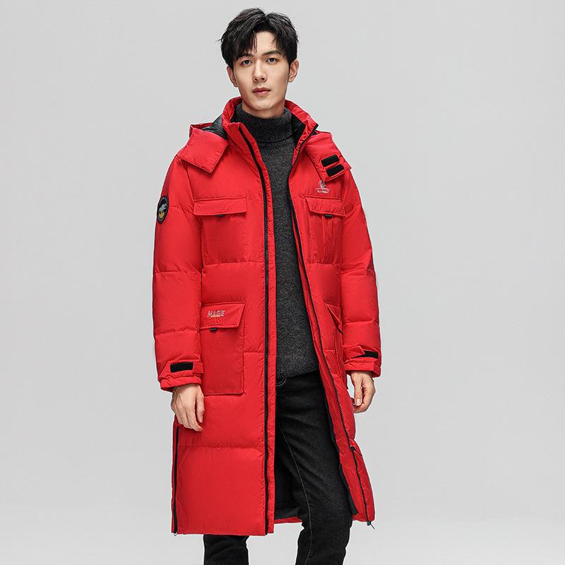 Men's Medium and Long White Duck Down Hooded Jacket, Winter Trendy Brand Large Size Couple Thickened Thermal Coat
