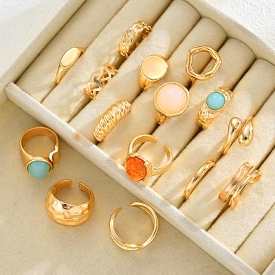 15 Stück/Set Vintage Luxus Unregelmäßiger Offener Metallring für Damen Herren Boho Bunte Acrylringe Eleganter Täglicher Party Schmuck Geschenke