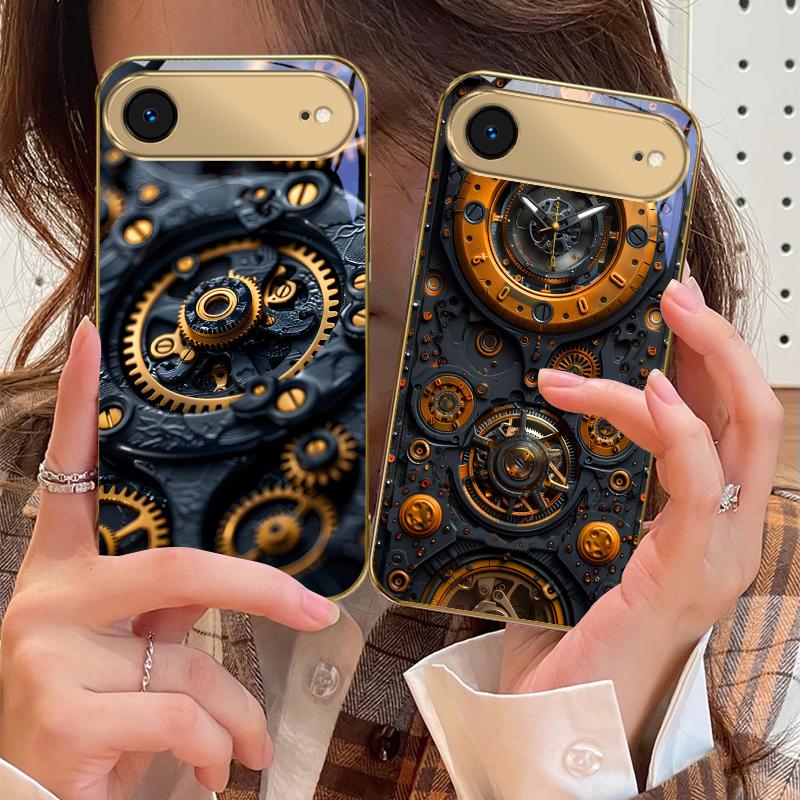 Precision metal gear For IPhone 17Pro Max 16 17 Pro 15 Pro 14 13 Plus 12 Mini 11Pro Max XR 16E 17Air Golden glass phone case