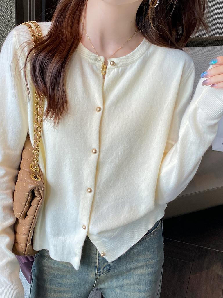 2026 Solid Knitted for Women Cardigan Korean Single Breasted Long Sleeve Jumper Woman Round Neck All Match Cardigans Outwear