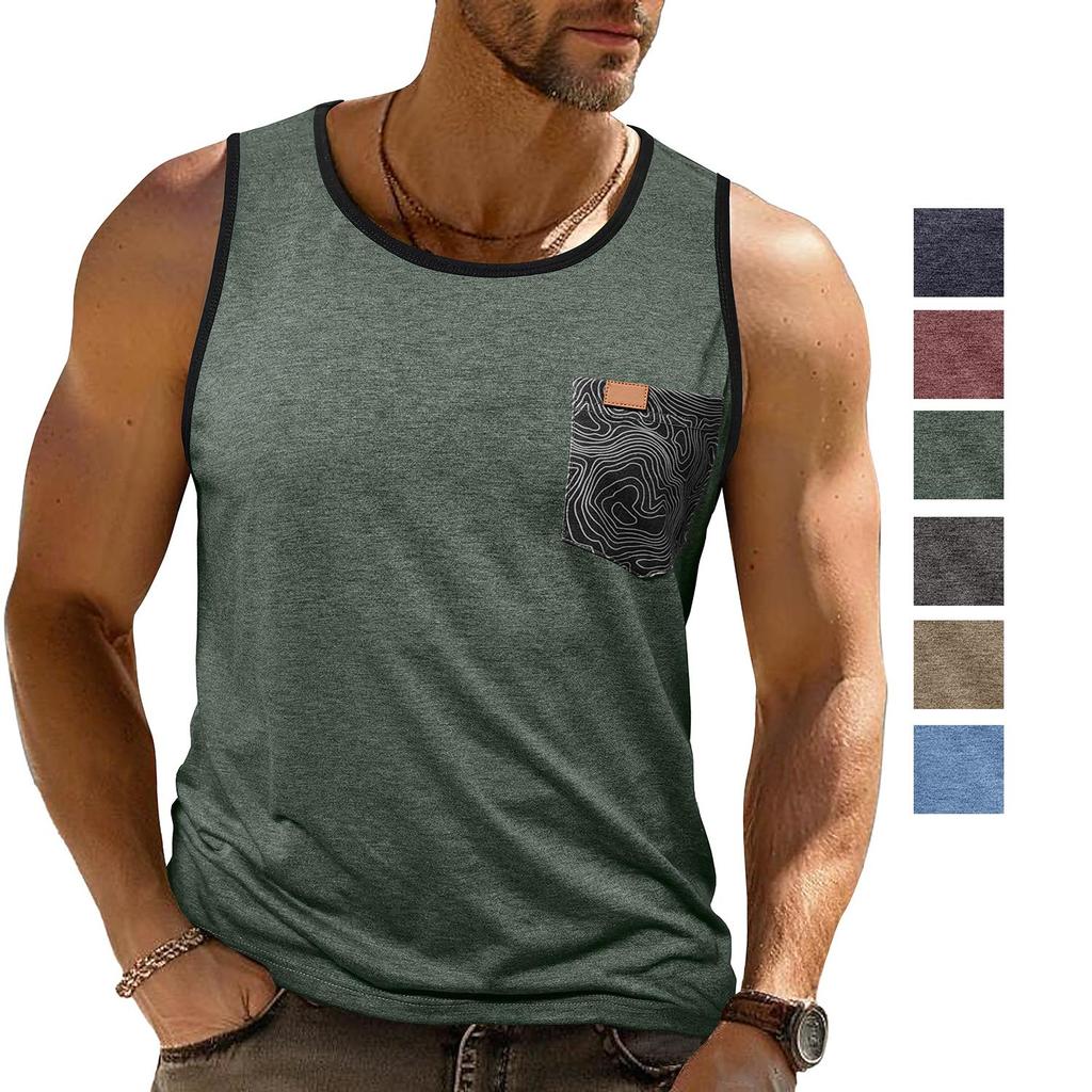 Men’s Vest Sleeveless Tops Printed Chest Pocket Summer Sports Fitness Loose Shirts