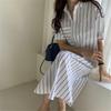 Vintage Striped Shirt Skirt Summer Loose Over Knee Long Shirt Skirt Large Size