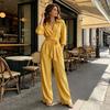 Women Loose Fitting Rompers V Neck Long Sleeves Jumpsuit, Collared One Piece Romper with Wide Leg Pants Belt, Solid Color Dressy Casual Fall Outfits