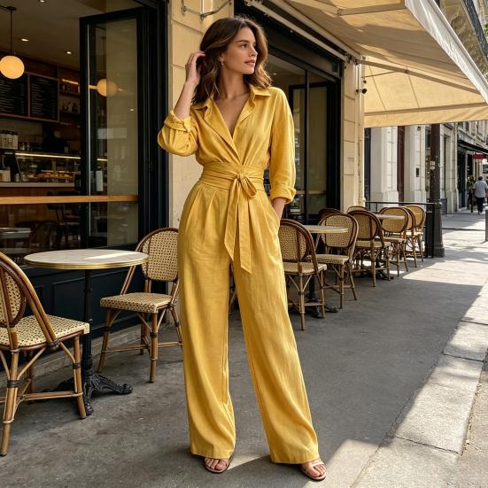 Women Loose Fitting Rompers V Neck Long Sleeves Jumpsuit, Collared One Piece Romper with Wide Leg Pants Belt, Solid Color Dressy Casual Fall Outfits