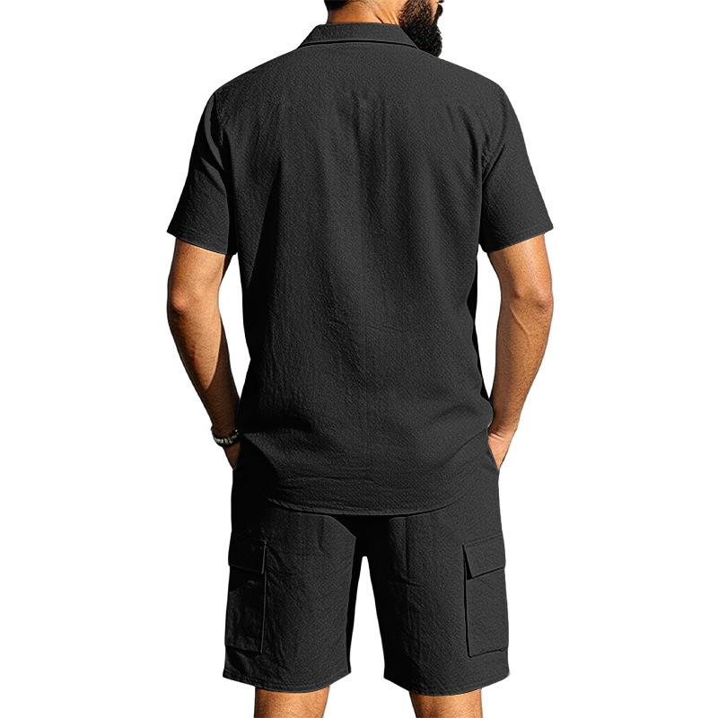 Casual Solid Color Linen Two Piece Sets Mens 2026 Spring Summer Fashion Short Sleeve Shirts and Shorts Outfits Men Linen Suits