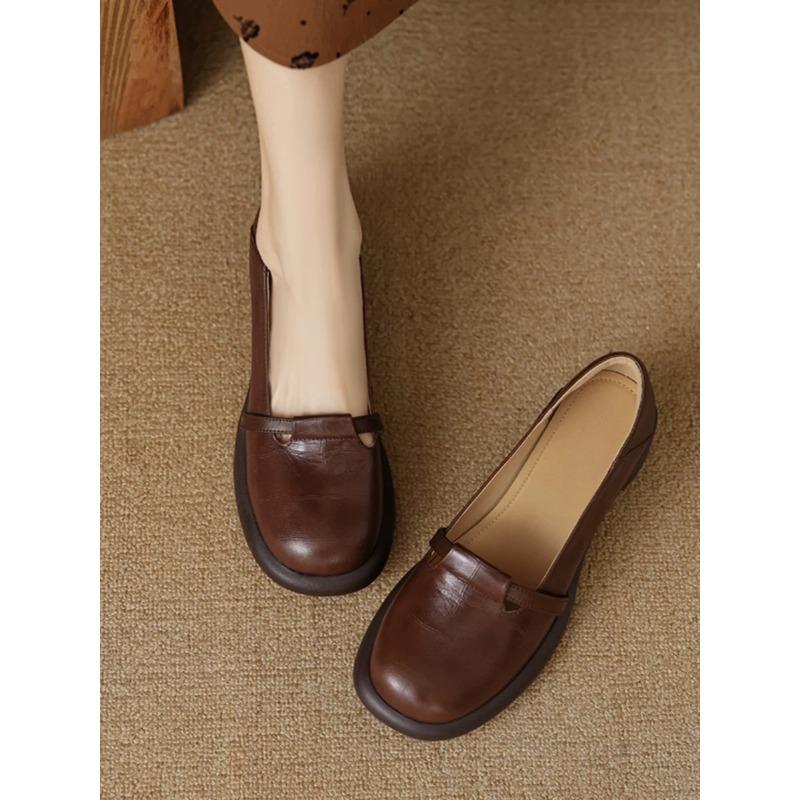 Thick-soled Small Leather Shoes Women's Spring and Autumn New Round Head Shallow Mouth Single Shoes One Pedal Middle Heel Women's Shoes