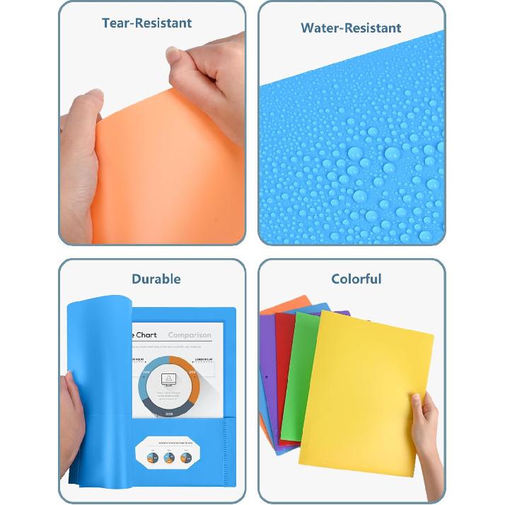 Cesil 6 Pack Folders with Pockets 3 Hole Punched, Plastic Pockets Folders for 3 Ring Binder with Labels, Heavy Duty Binder Folder, 2-Pocket Folder