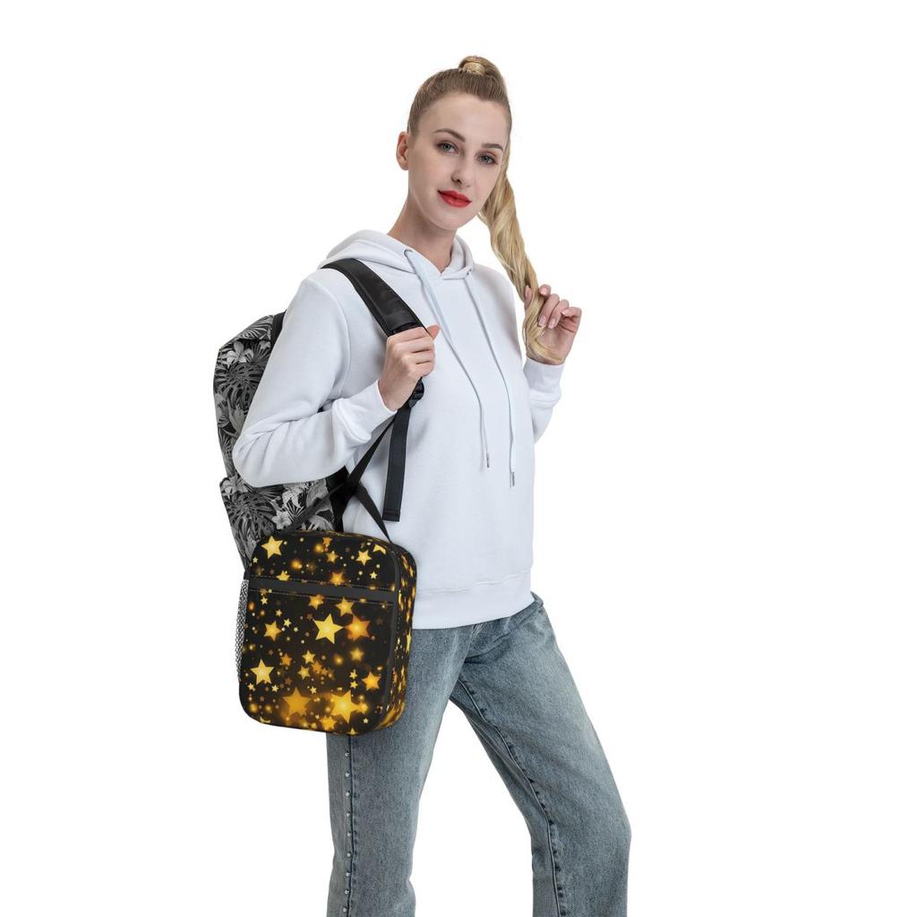 Star In Blackground Pattern Insulated Lunch Bag for Kids School Cooler Thermal Food Box Tote Portable Lunch Boxes Container