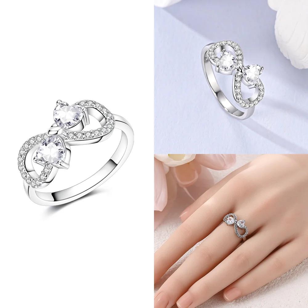 Authentic Pink Zircon Heart Bow Ring Copper Womens Accessories Jewellery Valentines Day Fine Ring Gifts Set High Quality