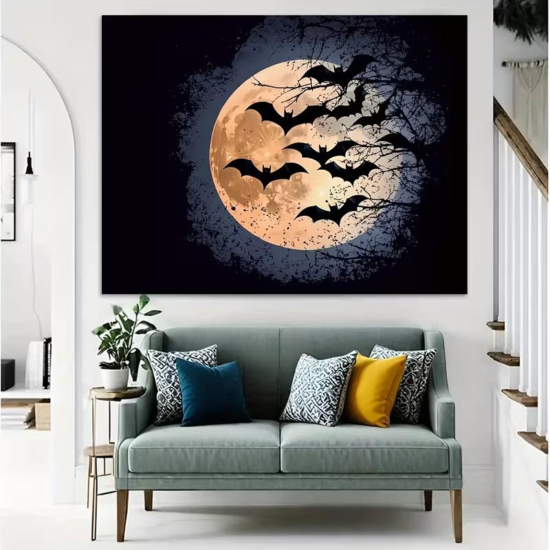 2D Black Bats on Full Moon Backdrop for Halloween Party, Trick-or-Treat and Haunted House Decor
