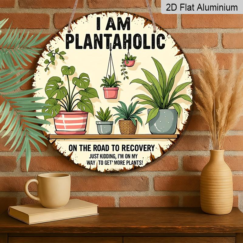 2D Flat - Decor Plaques - a Humorous Gift for Plant Enthusiasts - "I Am a Plant Addict, on The Road to Recovery" Aluminum Round Wall Decor - Perfect