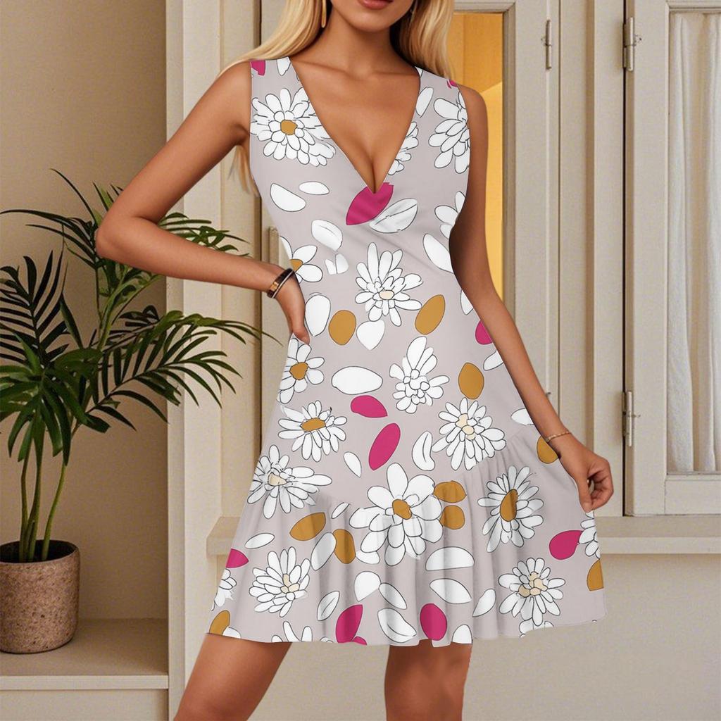 Women's Summer Dress V Neck Sleeveless Casual Floral Print Hem Pleated Dress