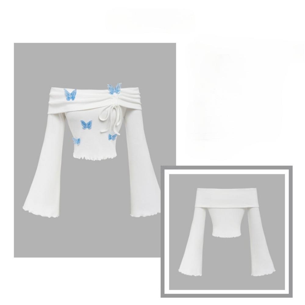 Summer Women's White Off-the-shoulder Flared Sleeve T-shirt, Cute Blue Butterfly Long-sleeved Women's Top