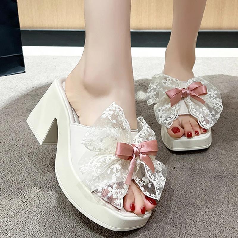 

Fashion Mesh Bow Knot Extreme High Heel Slippers Women New Square Toe Thick Bottom Sandal Lady Elegant Party Dress Slip On Slides Mujer 35 бежевий