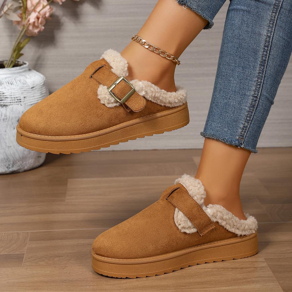 Fashion Women Brown Suede Closed Toe Mule Slippers Lined Buckle Strap Platform Winter Warm Comfortable Casual Slip on Shoes for women