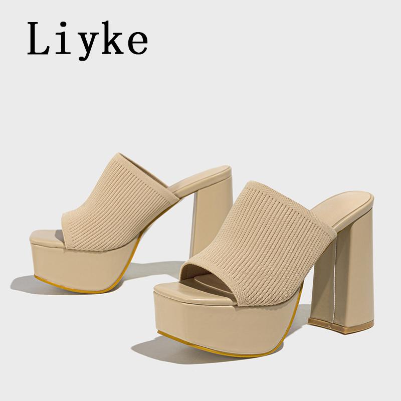Fashion Liyke Summer Fashion Green Knitting Women's Slippers Banquet Nightclub Platform Chunky High Heels Slide Mule Shoes Female Sandal