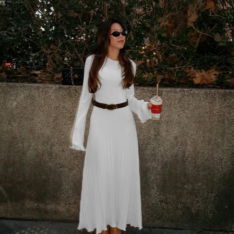 White Knitted Long Dress Women 2026 Spring New Long Sleeve Bandage Loose Casual Dress Streetwear Womens Vestidos