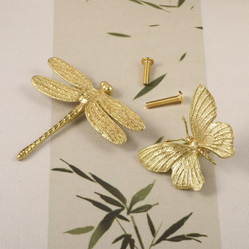 Retro Butterfly/Dragonfly Brass Handle Furniture Hardware Vintage Cabinet Door Knobs Single Hole Gold Wardrobe Drawer Pulls