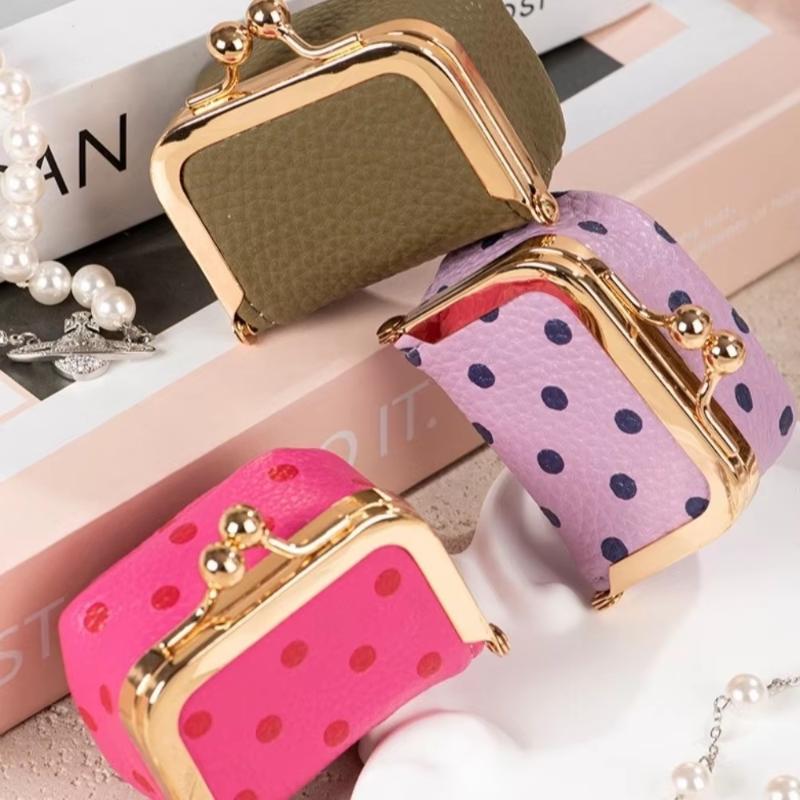 1Pcs Portable Polka Dot Kiss Lock Coin Purse Pu Leather Square Multifunctional Bag For Small Items Jewelry Earrings Storage Box