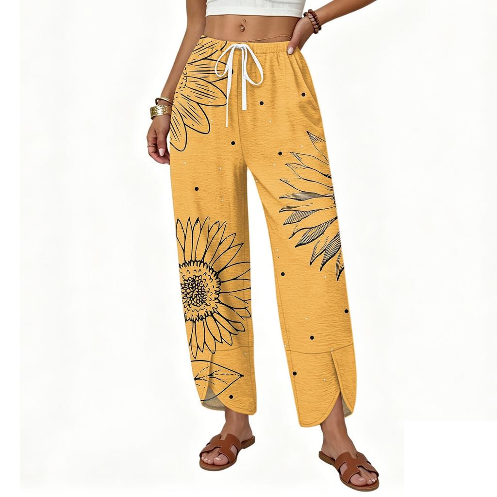 Women High Waist Drawstring Pants Loose Fit Straight Leg Split Hem Floral Print Trousers Casual Lightweight Bottoms