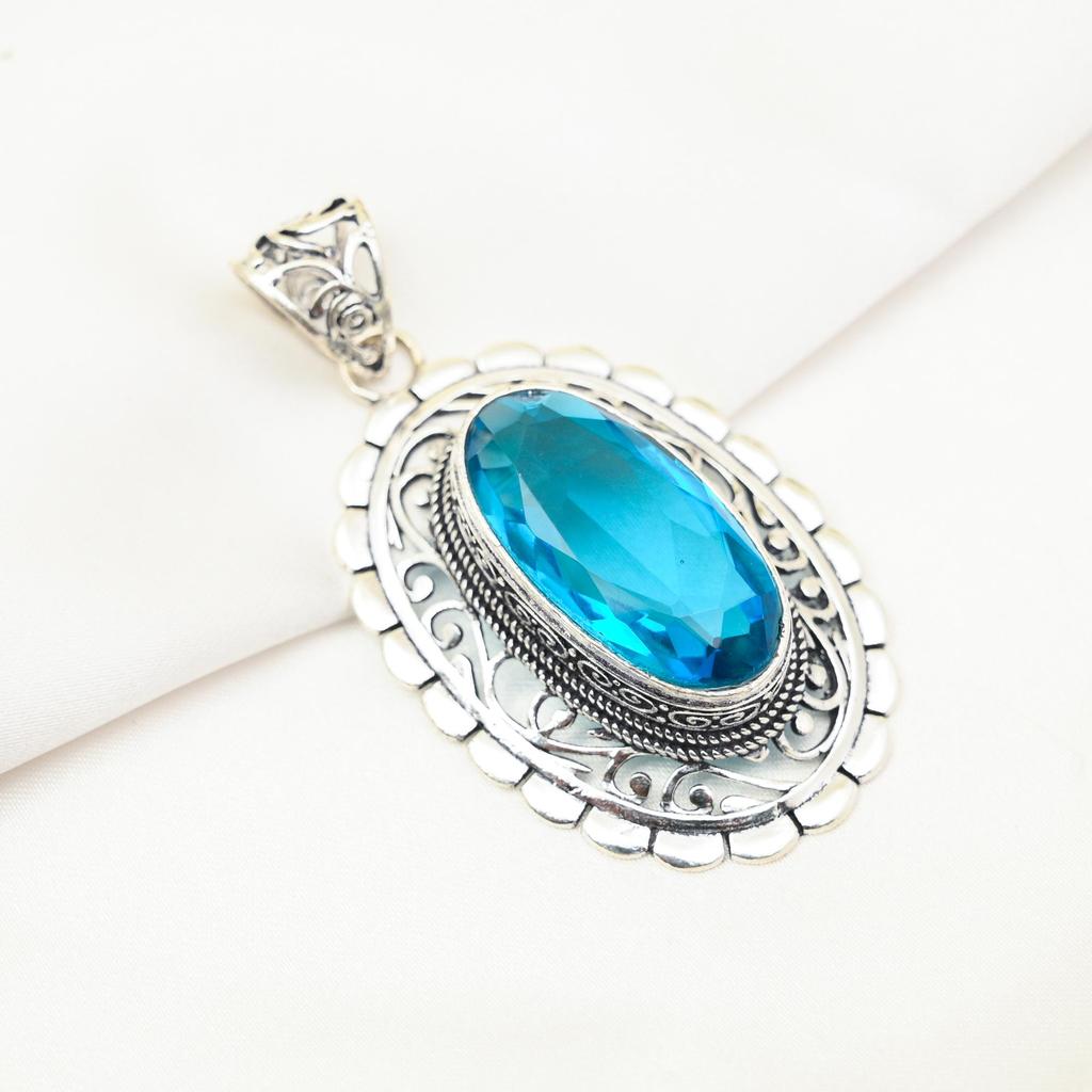 Blauer Topas Anhänger, 925 Sterling Silber Edelstein Schmuck, handgefertigter Anhänger, für Thanksgiving