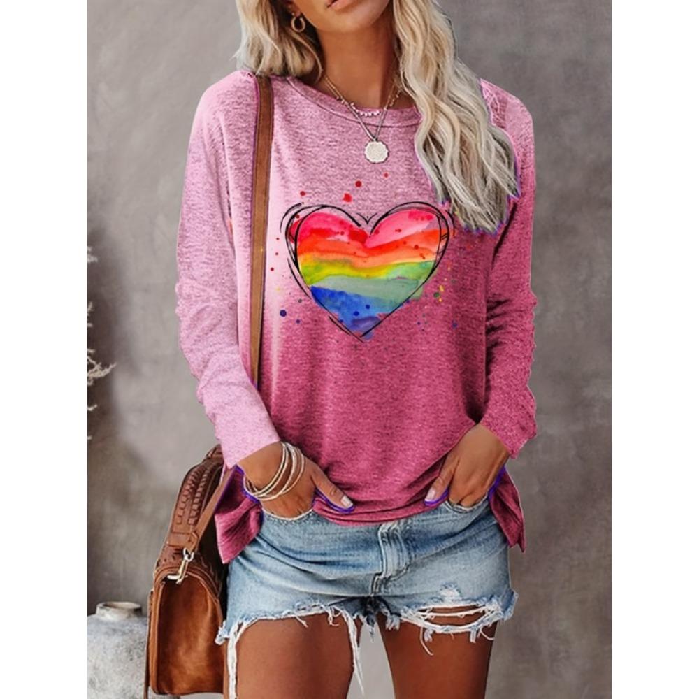 T-shirt da donna con stampa a cuore color arcobaleno, grafiche, camicette a maniche lunghe, top corto, taglie forti, abbigliamento da donna
