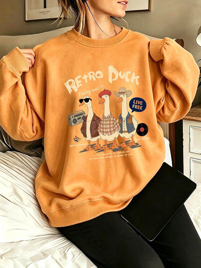 Retro Duck Feeling Cool Live Free Printed Pullovers Women Fleece Sportswear Autumn Crewneck Sweatshirt Y2K Loose Clothes