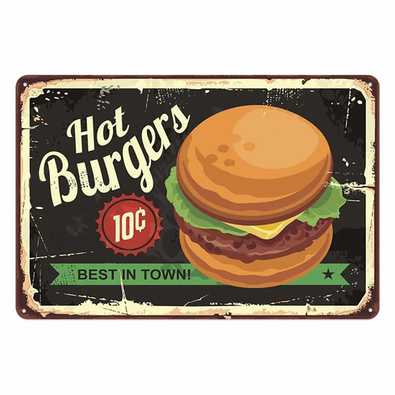 Hot Burgers Plaque Metal Tin Sign Vintage Poster Fried Chicken Retro Plate Wall Decor for Kitchen Restaurant Shop