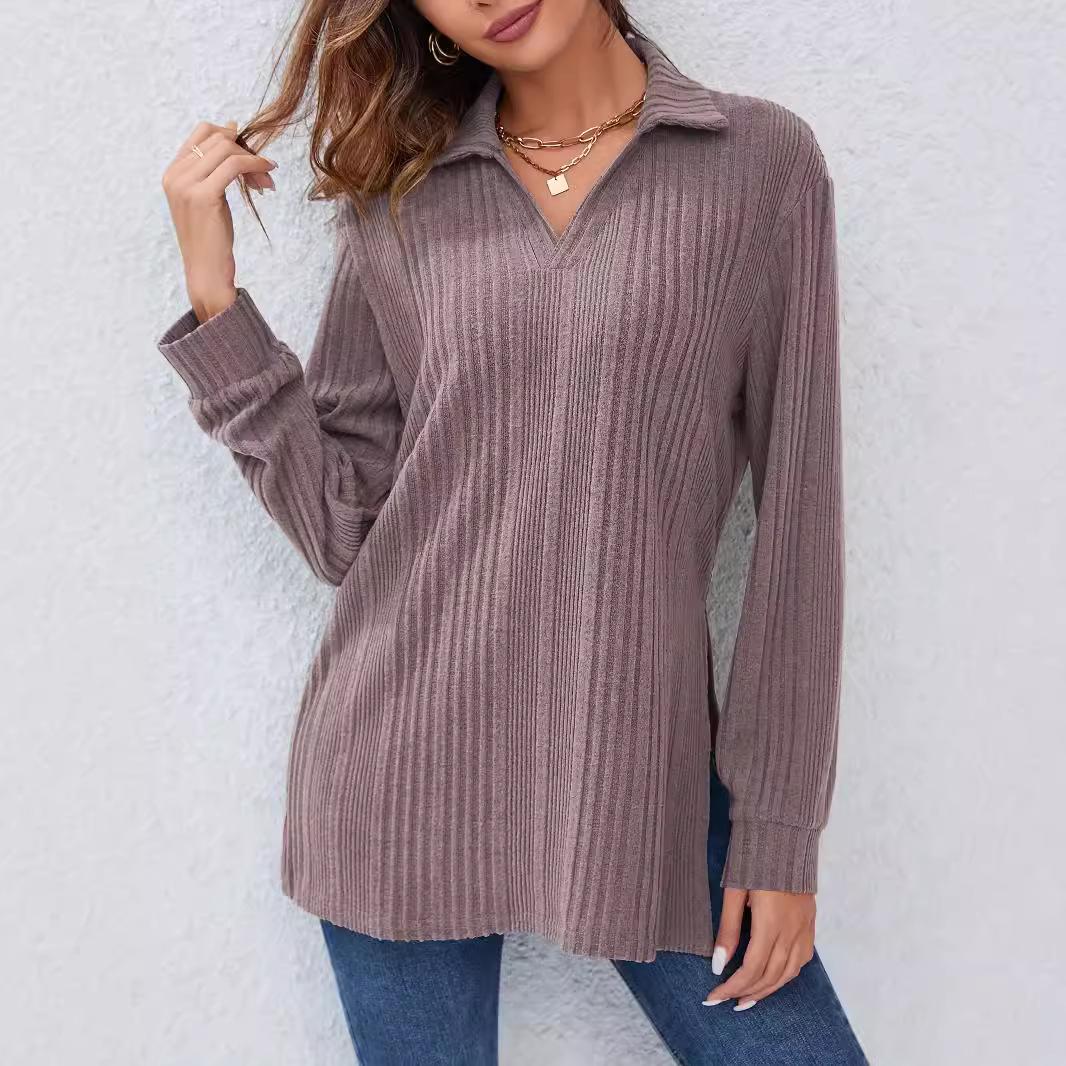 Осенне-зимняя однотонная свободная лацкановая футболка с узором «Мириад» большого размера XXL розовый