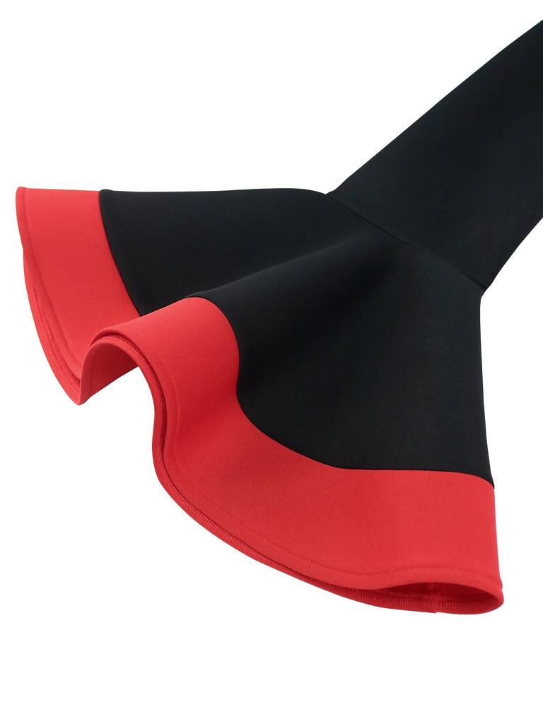 AOMEI Black Midi Dresses O Neck Long Flare Sleeve Patchwork Bodycon Evening Dinner Party Event Gowns Outfits for Women