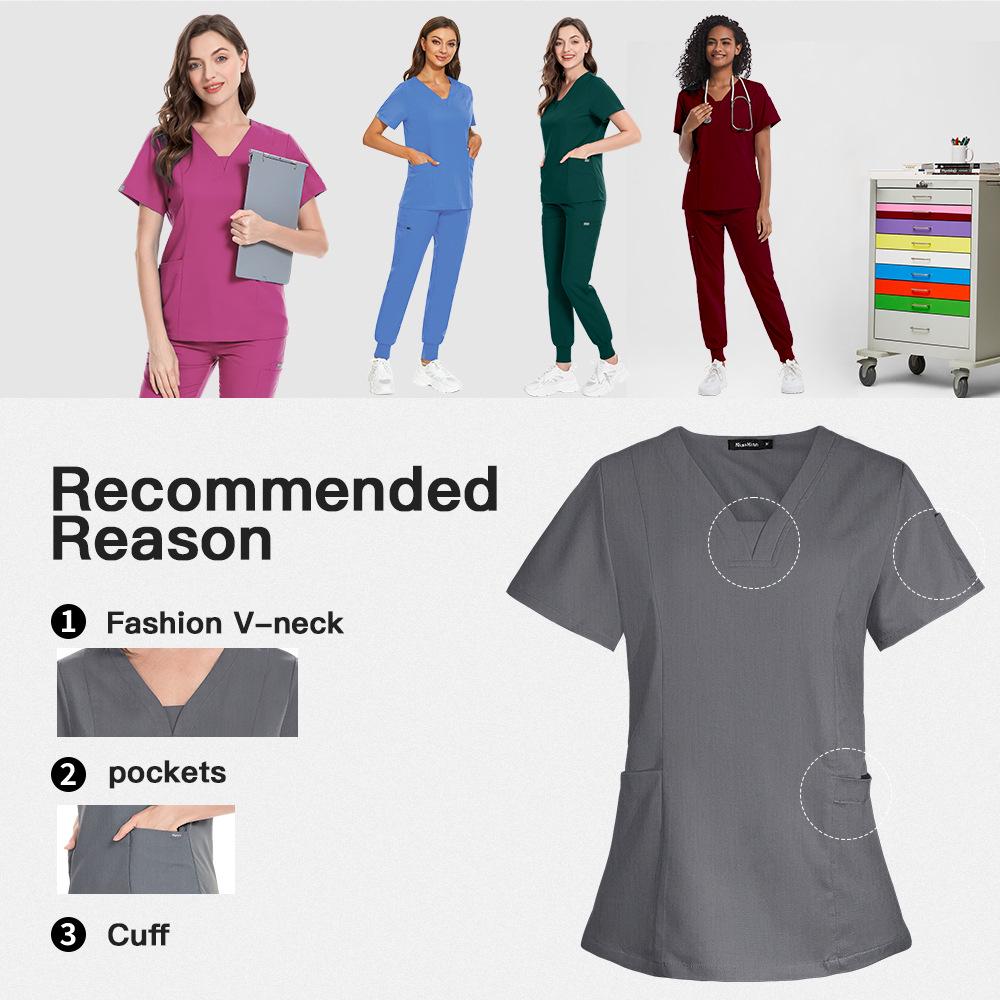 V-neck Women's Hospital Scrub Suit with Short Sleeves and Printed Design