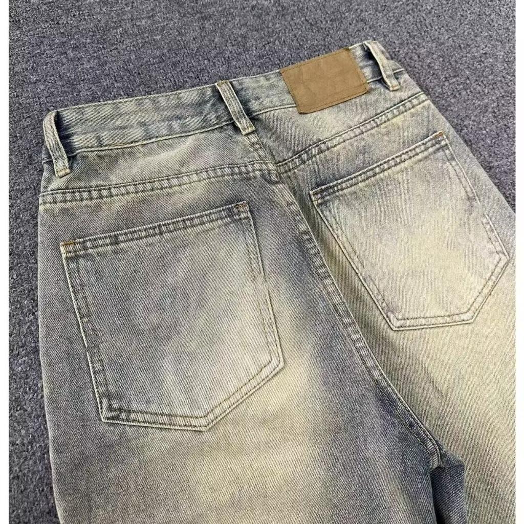 Erkek Retro Yıkanmış Vintage Geniş Paça Kot Pantolon, Erkek Bol Düz Paça Günlük Çok Yönlü Vibe Asılı Uzun Pantolon