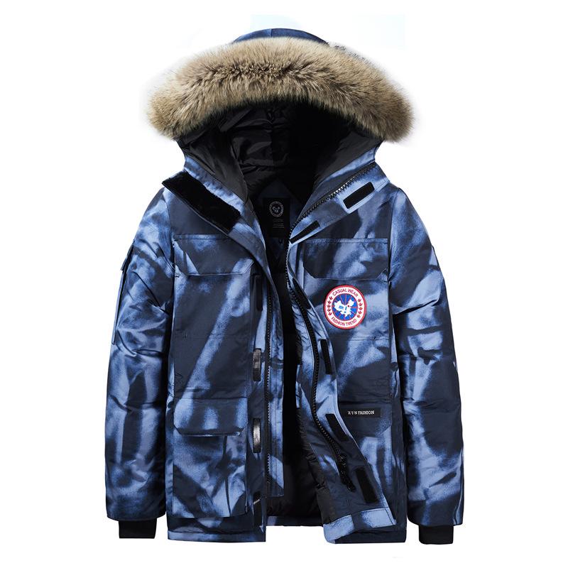 Men's Large Hooded Goose Down Jacket with Fur Collar, Outdoor & Winter Warmth