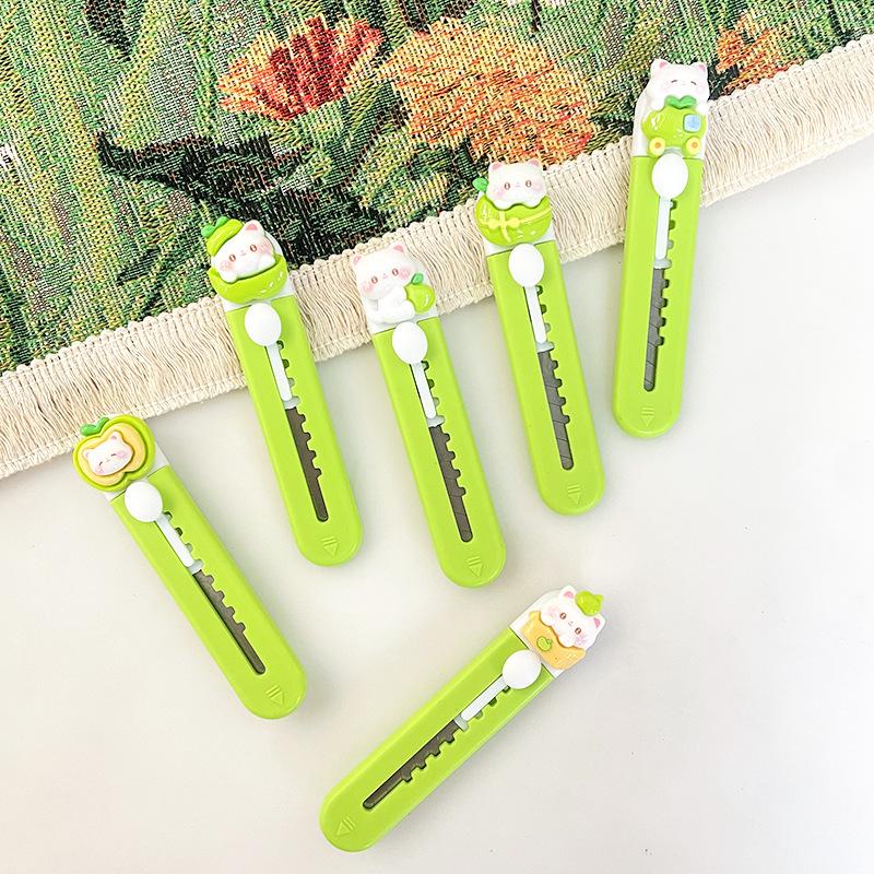 Cute Green Apple Cat Utility Knife Retractable Knife Paper Box Cutter Portable Express Package Knife Student Paper Cutter