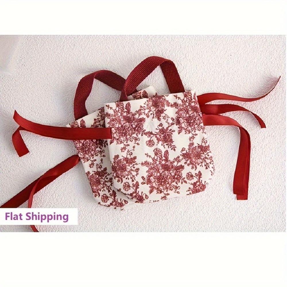 Elegant Red Drawstring Gift Bag with Floral Pattern & Ribbon Bow - Soft,Reusable Canvas Pouch for Jewelry Perfect for Christmas
