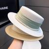 Hat women 2025 new summer retro fashion pearl straw top hat travel seaside flat top celebrity style straw hat