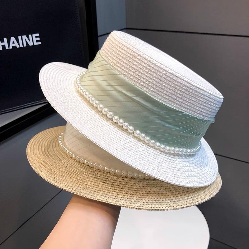 Hat women 2025 new summer retro fashion pearl straw top hat travel seaside flat top celebrity style straw hat